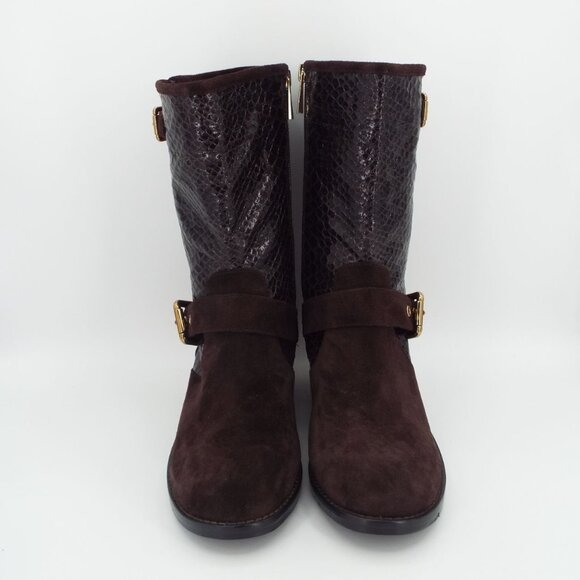 Vince Camuto Verona Dark Roast Shiny Snake Witty 2 Leather Buckle Moto Boots - Picture 2 of 16